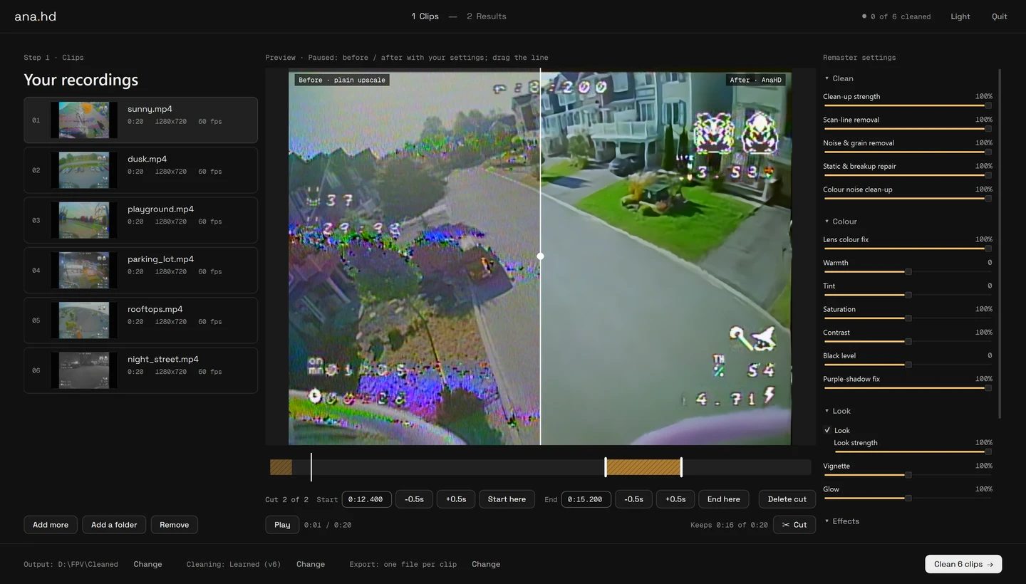 The AnaHD clips step: six recordings in a list, a before and after preview with a drag line, two cuts on the timeline, and the remaster settings sliders