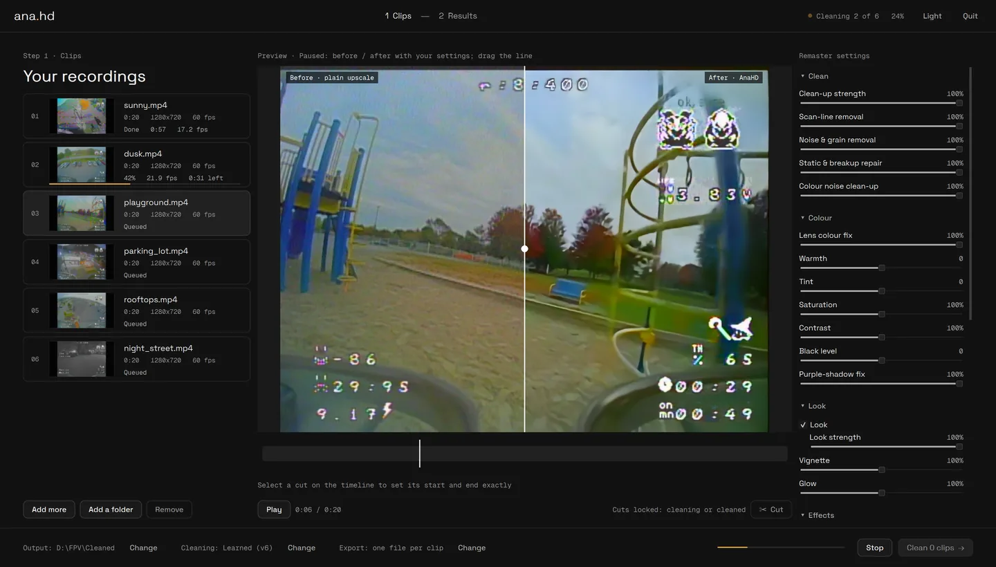 AnaHD cleaning six clips: the first done at 17.2 fps, the second at 42 percent and 21.9 fps, the rest queued, with the before and after preview still showing