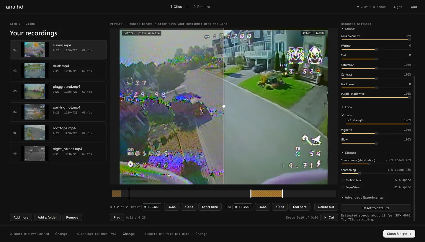 AnaHD's remaster settings: colour sliders for lens colour fix, warmth, tint, saturation, contrast, black level and purple-shadow fix, a film look with vignette and glow, and effects with their speed cost