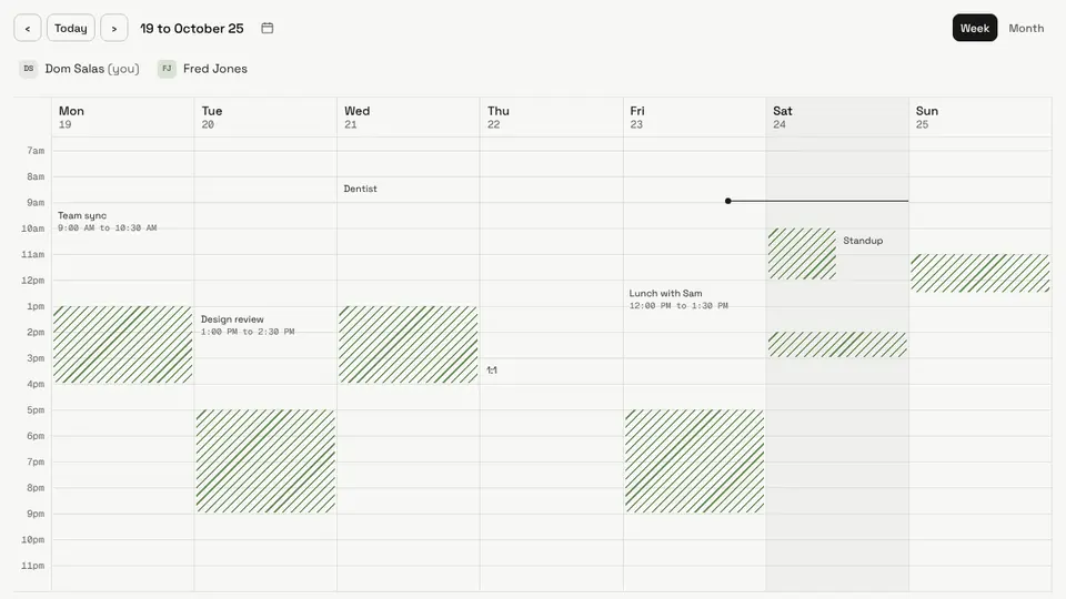 Collandar's shared week view, with each member's busy times hatched in their colour