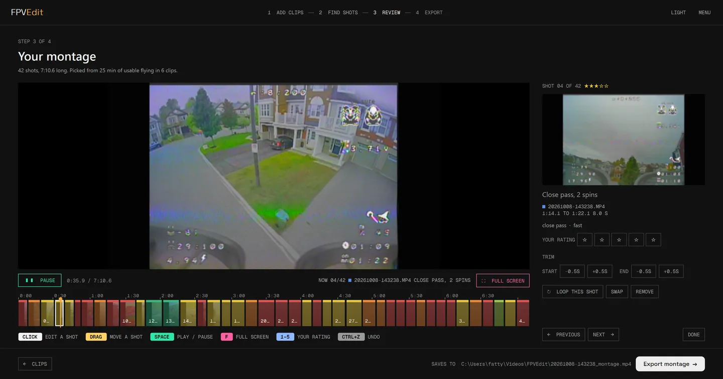 One shot opened for editing in FPVEdit: a close pass with two spins, its rating stars, trim controls for the start and end, and loop, swap and remove buttons