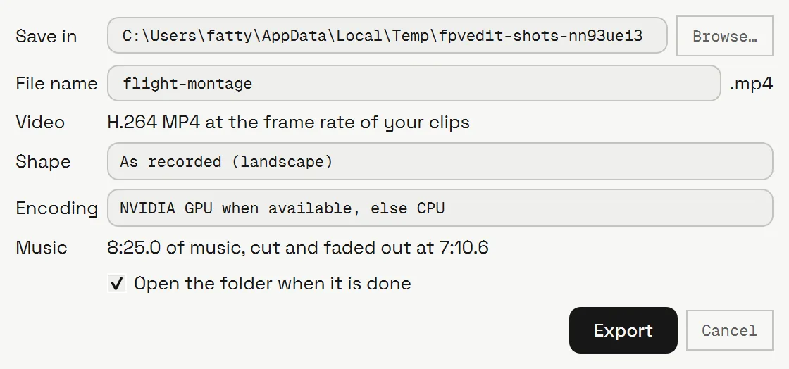 The FPVEdit export window: output folder and name, landscape or vertical 9:16, encoding with NVIDIA GPU and a CPU fallback, and music faded out at the end