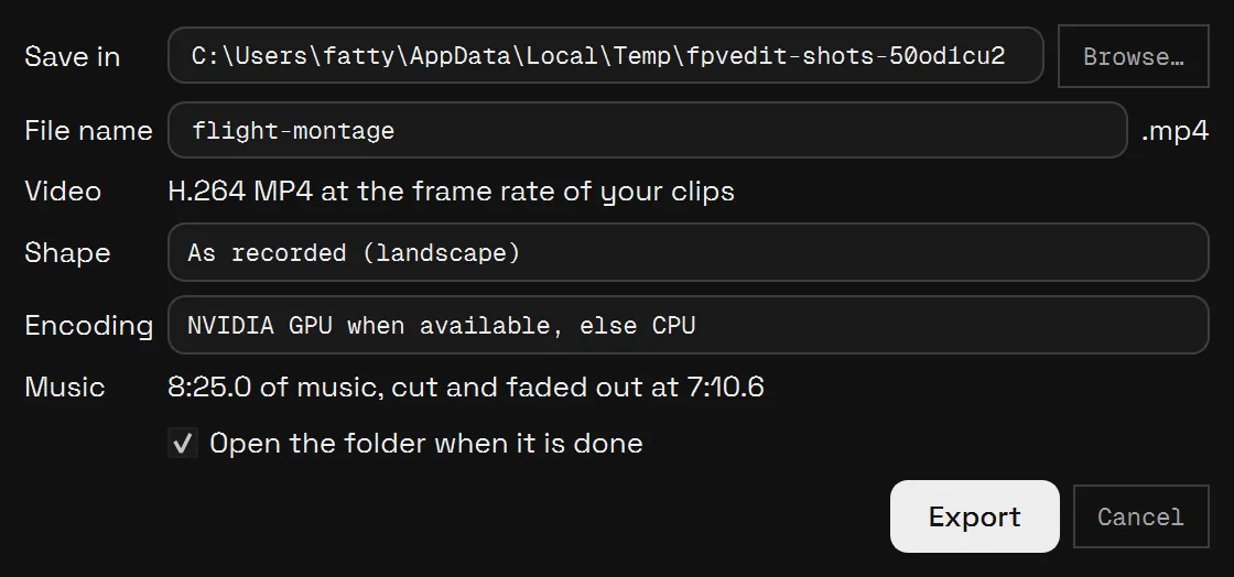 The FPVEdit export window: output folder and name, landscape or vertical 9:16, encoding with NVIDIA GPU and a CPU fallback, and music faded out at the end