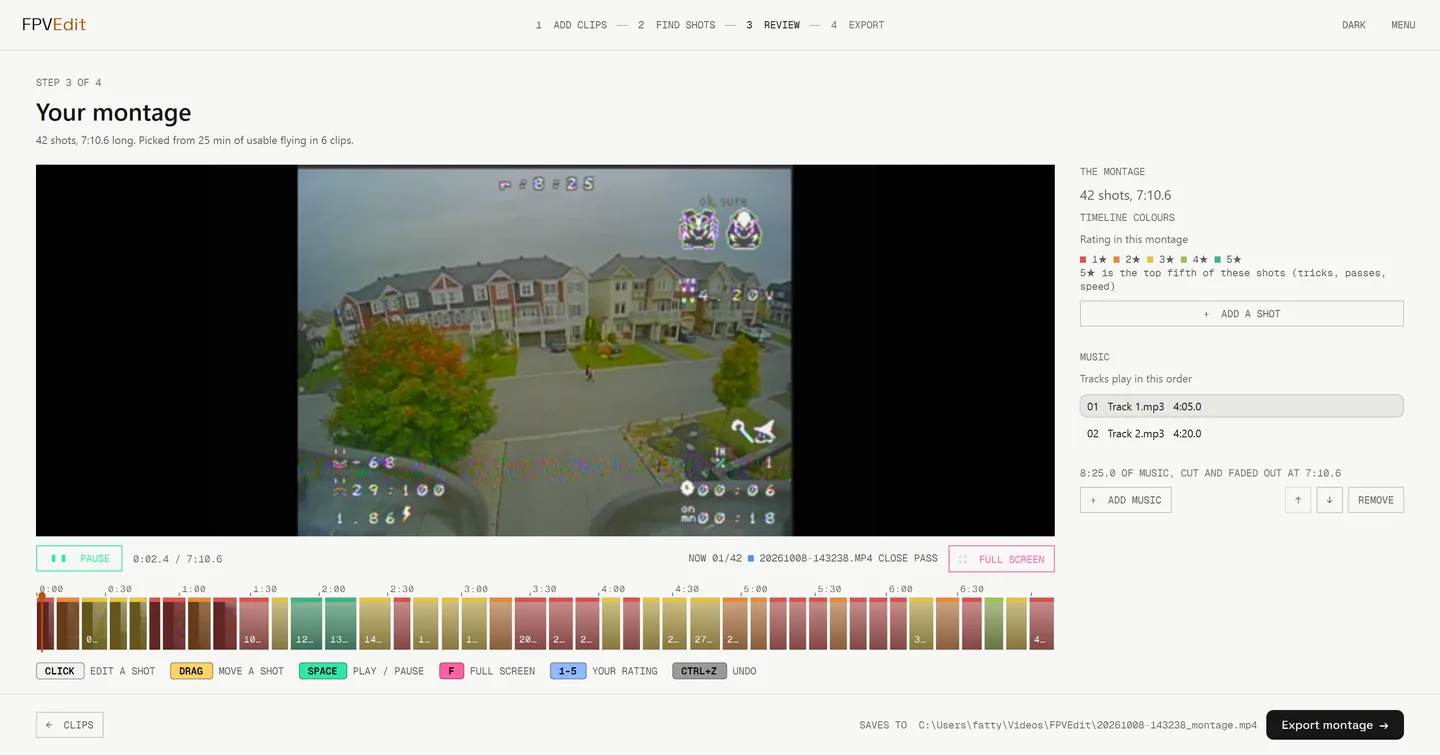The FPVEdit review step: the montage playing, a timeline of 42 shots coloured by rating, and a side panel with two background music tracks