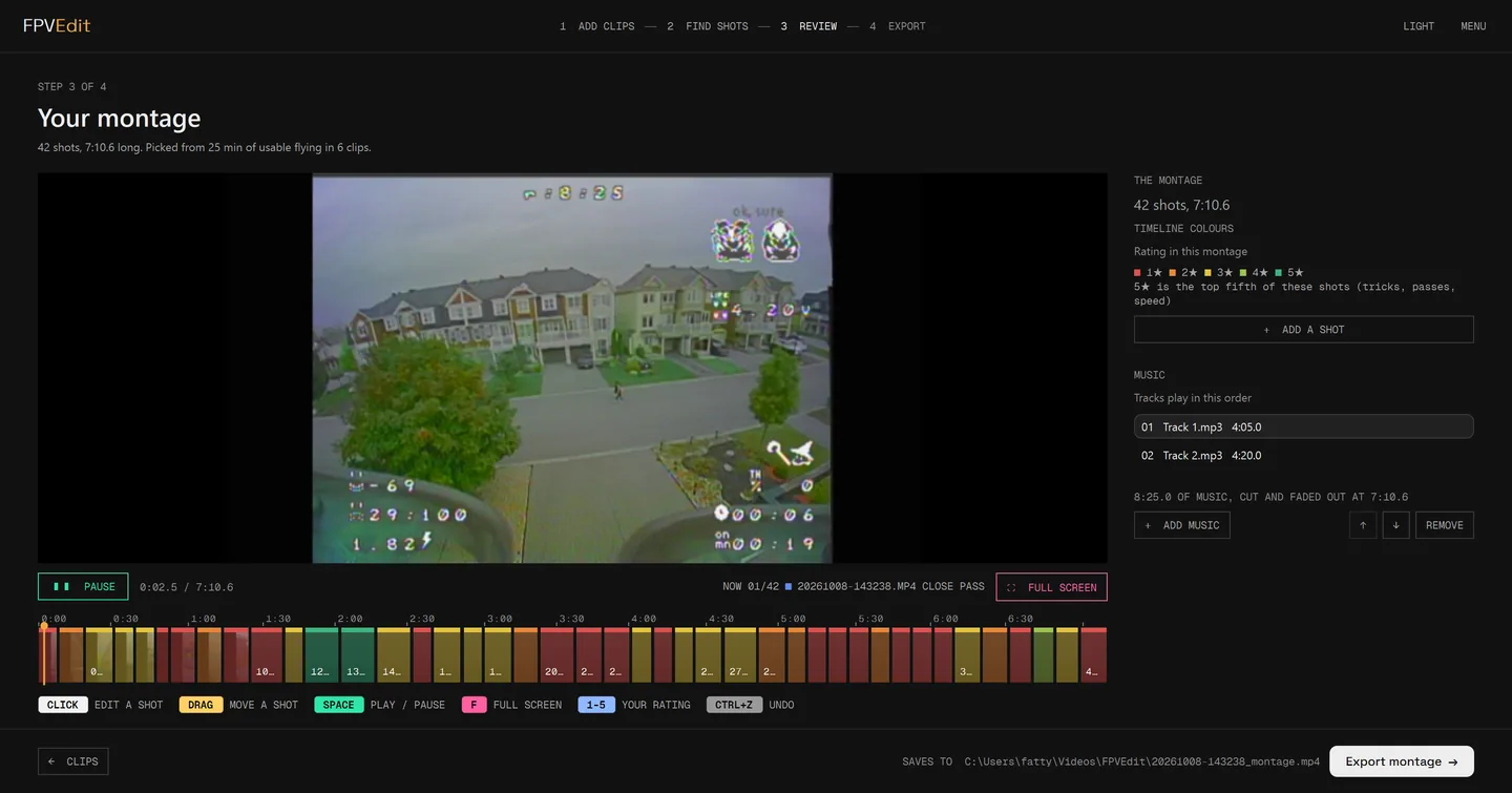 The FPVEdit review step: the montage playing, a timeline of 42 shots coloured by rating, and a side panel with two background music tracks