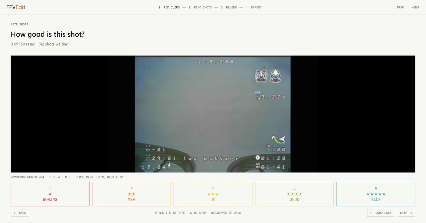 The FPVEdit rating screen: one shot playing above five buttons from 1 star, boring, to 5 stars, sick