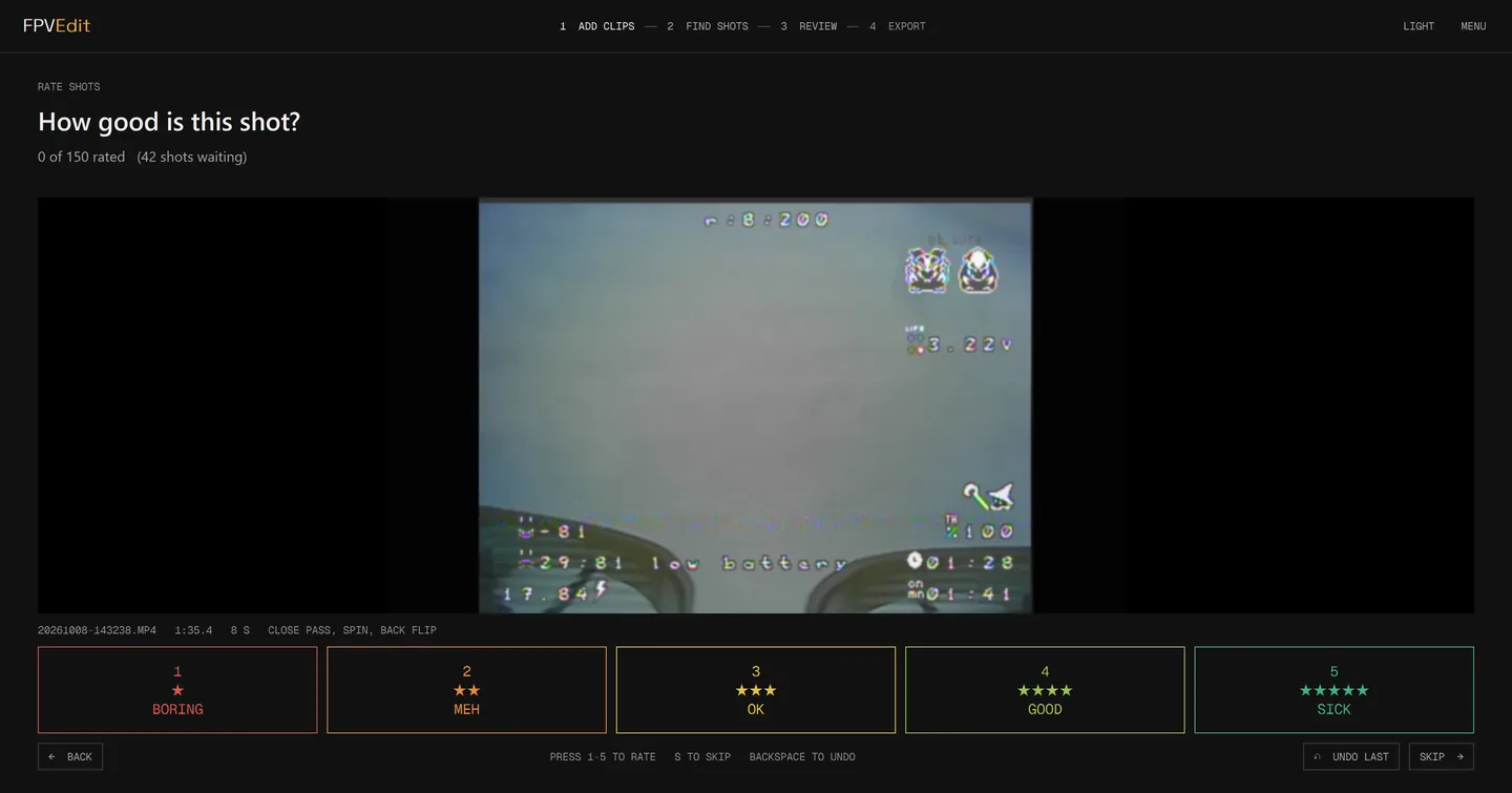 The FPVEdit rating screen: one shot playing above five buttons from 1 star, boring, to 5 stars, sick