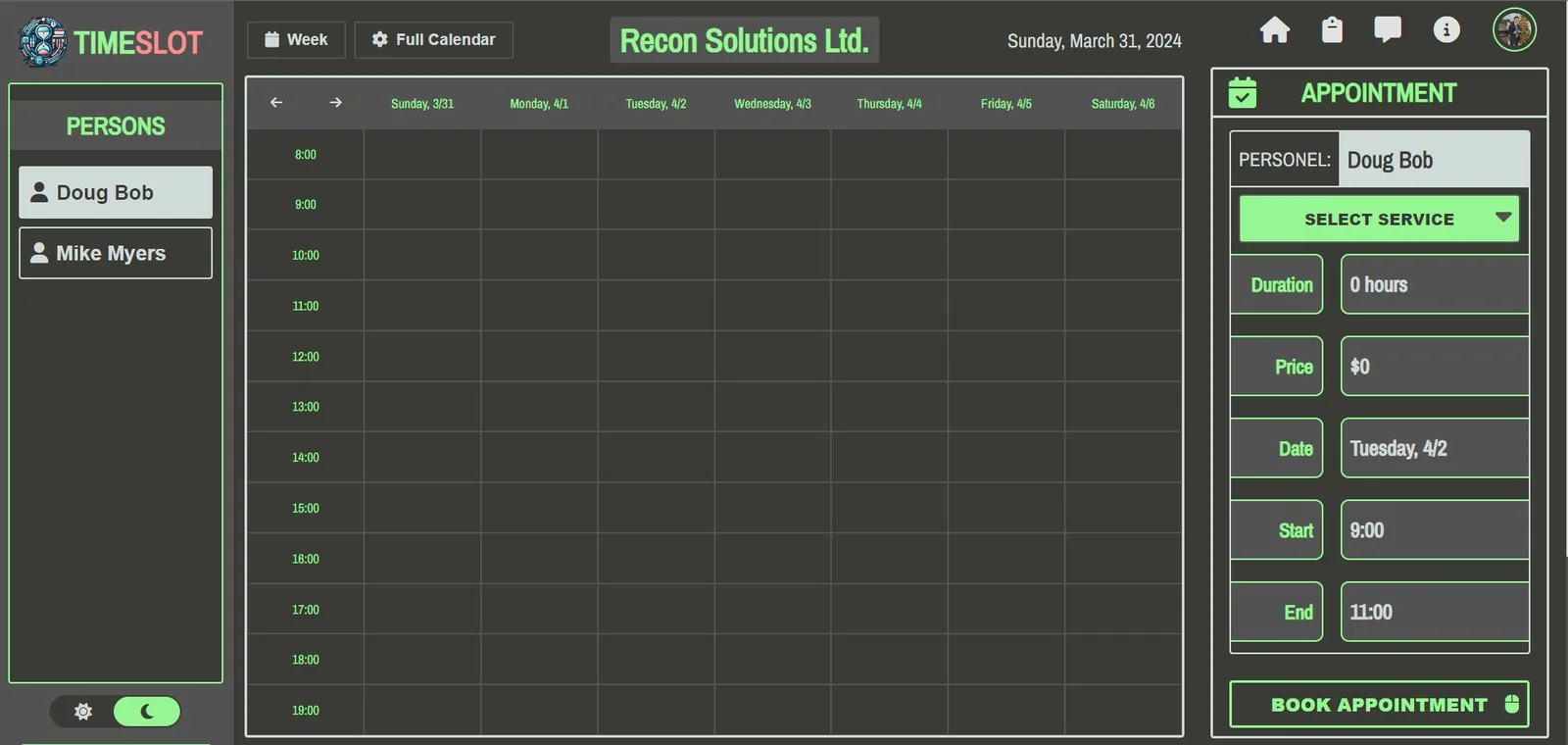 TimeSlot's booking screen: staff on the left, a week calendar in the middle and an appointment form on the right
